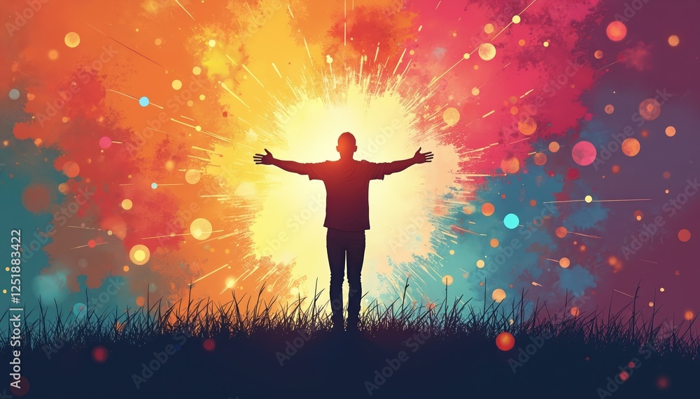 Illustration of man standing with open arms against bright colorful sunset in grass field. Person faces sun feeling freedom, optimistic future. Wellness concept, recovery, mental health Illustration of man standing with open arms against bright colorful sunset in grass field. Person faces sun feeling freedom, optimistic future. Wellness concept, recovery, mental health