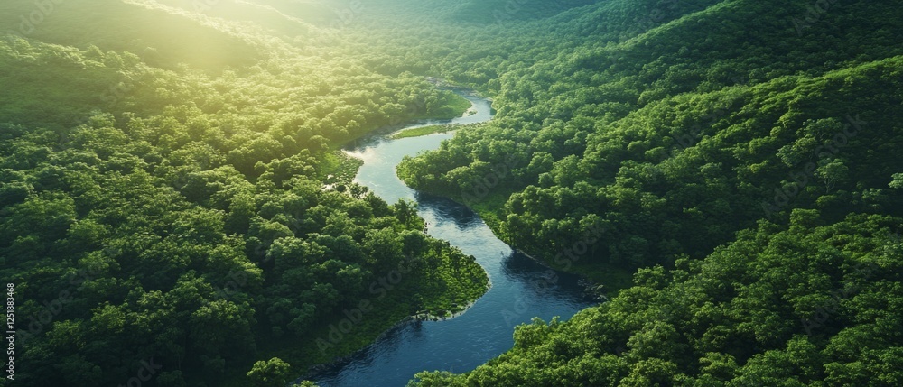 serene drone view of winding river flowing through lush green forests, showcasing nature beauty and tranquility.