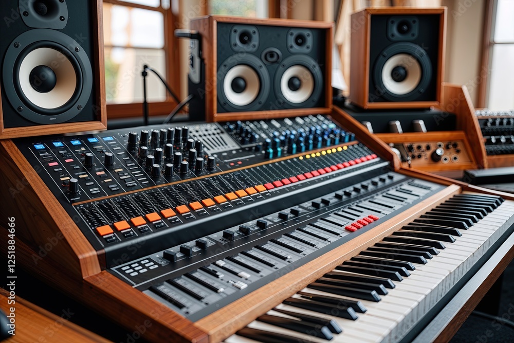 Fototapeta premium Innovative Sound Studio Featuring Favored Audio Mixing System and Keyboard Synthesizer for Unique Music Production