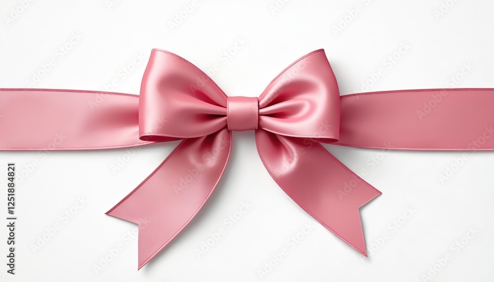 Close-up of pink ribbon tied in bow. Perfect for holiday, birthday, anniversary designs. Gift wrapping decoration with festive shiny silk ribbon on white background. Use for celebration, party Close-up of pink ribbon tied in bow. Perfect for holiday, birthday, anniversary designs. Gift wrapping decoration with festive shiny silk ribbon on white background. Use for celebration, party