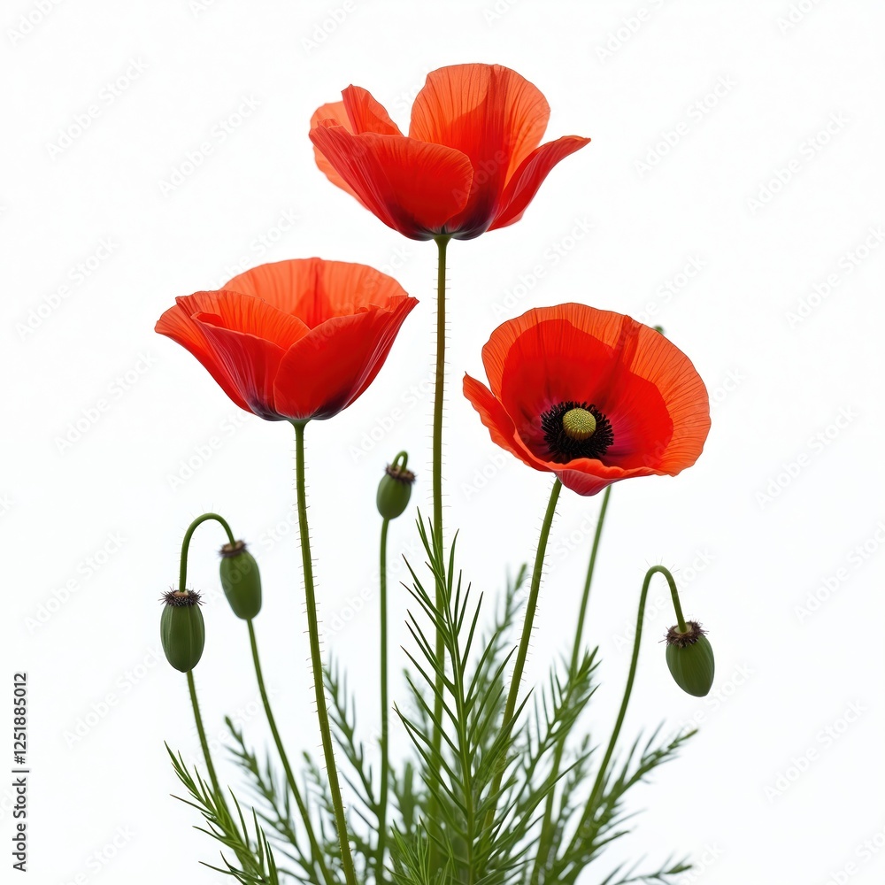 Naklejka premium Three red poppy flowers standing tall isolated on white background. Nature beauty, vibrant elegance. Delicate flora with green buds on thin stems. Floral summer blooming plant for greeting cards,