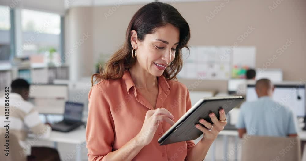 Happy woman, research and browsing with tablet for company performance, analysis or report at office. Female person, analyst or employee with technology for online review, data or app at workplace Happy woman, research and browsing with tablet for company performance, analysis or report at office. Female person, analyst or employee with technology for online review, data or app at workplace