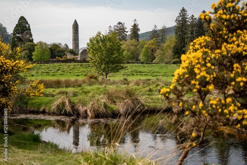 Glendalough, county Wicklow, Irlenad: tower at the monestary photo