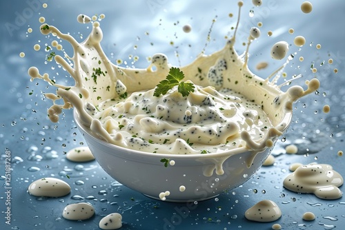 Vibrant Creamy Blue Cheese Dressing Splash Isolated on Fresh Crisp Background with Flavorful Droplets photo