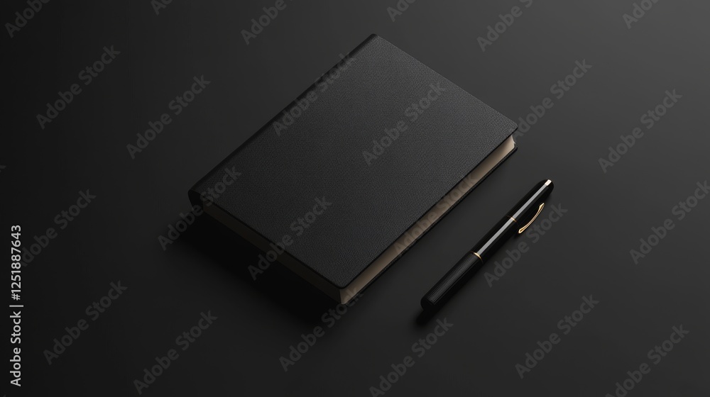 sleek black notebook and fine pen on dark surface, perfect for writing. sleek black notebook and fine pen on dark surface, perfect for writing.