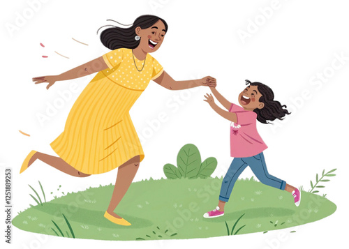 A joyful Indian mother in her early thirties wearing a yellow sari weaving a bamboo basket with her child