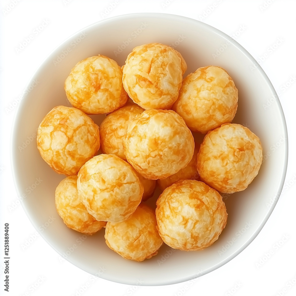 Top down view of Cheese puffs, isolated on white, food setting Top down view of Cheese puffs, isolated on white, food setting