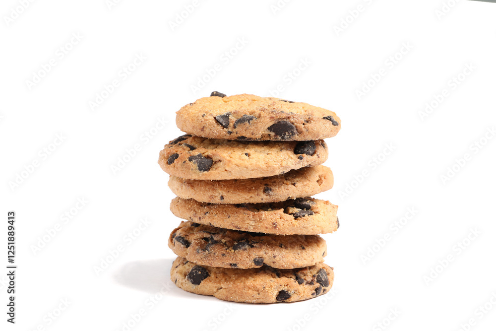 Stack of tasty chocolate chip cookies on white background Stack of tasty chocolate chip cookies on white background