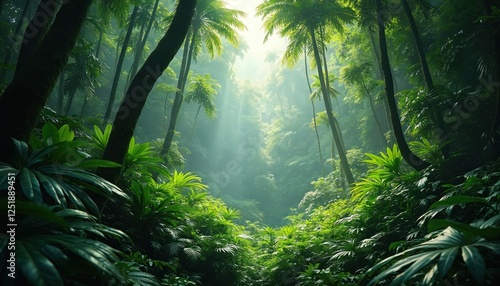 Fototapeta Naklejka Na Ścianę i Meble -  Tropical jungle with tall palm trees, dense foliage, vibrant green plants. Sunbeams penetrate mist creating mystical atmosphere. Natural background for travel, nature, ecotourism concepts. Ideal for