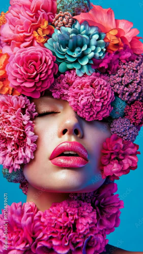 Vibrant floral headpiece adorned by a model with bold lips and closed eyes against a blue background Vibrant floral headpiece adorned by a model with bold lips and closed eyes against a blue background