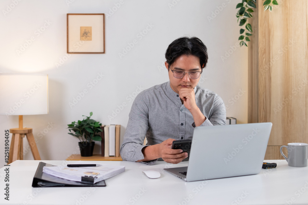 Man working intently on phone Inside the home office