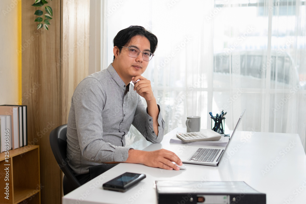 Young businessman sitting at a desk looking at camera Young businessman sitting at a desk looking at camera