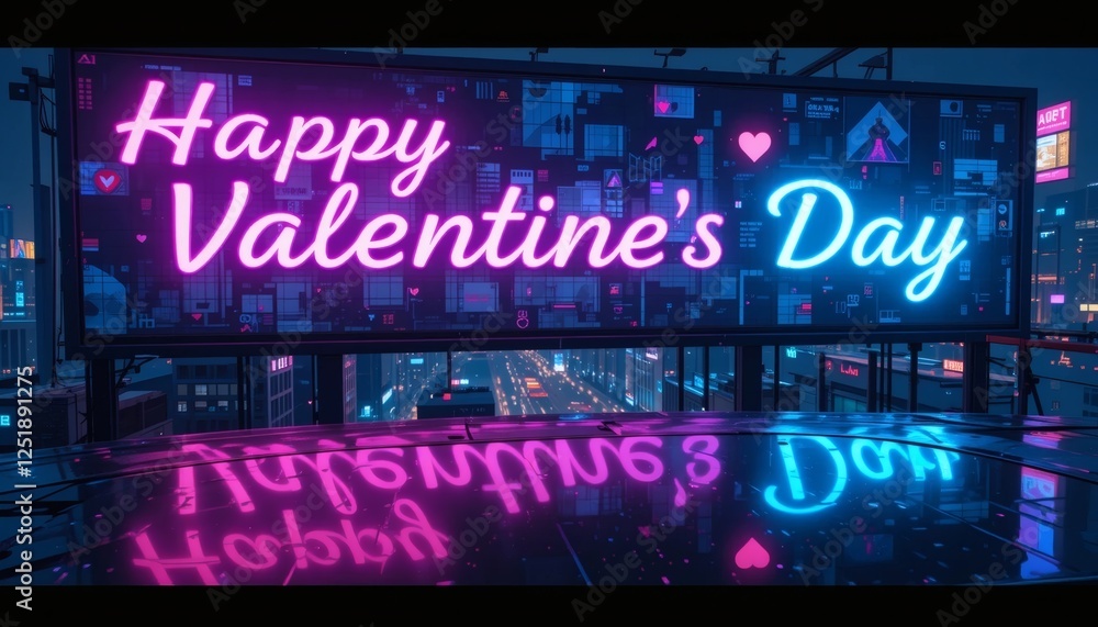 Futuristic Cyberpunk Neon Happy Valentines Day in Vibrant Cityscapes Billboard Futuristic Cyberpunk Neon Happy Valentines Day in Vibrant Cityscapes Billboard