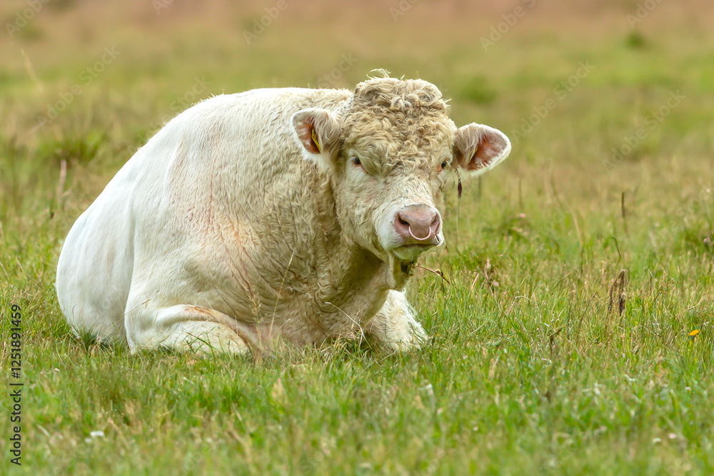 Charolais Bull. Large, powerful Charolais bull with ring through his nose, lying down in a green wildflower meadow and facing forward. Horizontal. Copy space Charolais Bull. Large, powerful Charolais bull with ring through his nose, lying down in a green wildflower meadow and facing forward. Horizontal. Copy space