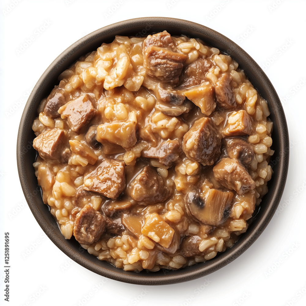 Top down view of Mushroom Risotto, isolated on white, food setting Top down view of Mushroom Risotto, isolated on white, food setting