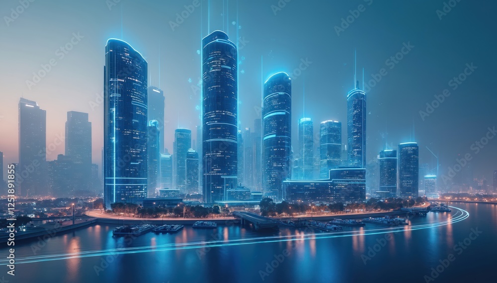 Obraz premium Illustration of futuristic smart city at night. Blue neon lights illuminate buildings and streets near water. Metaverse connection tech concept with skyscrapers and big data.