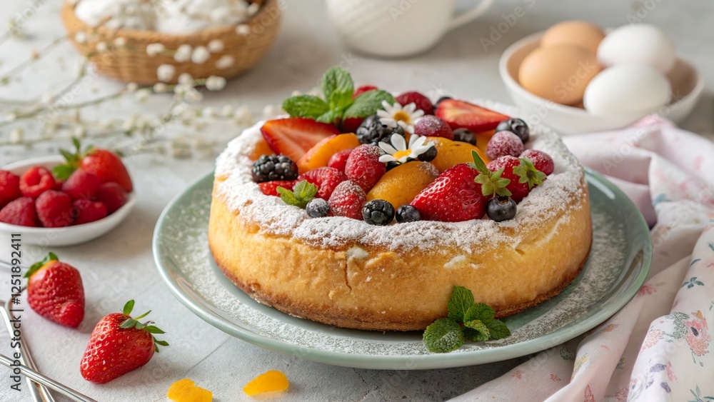 custom made wallpaper toronto digitalCottage cheese filled Easter cake adorned with fresh fruits and mint leaves on a table set for spring celebrations