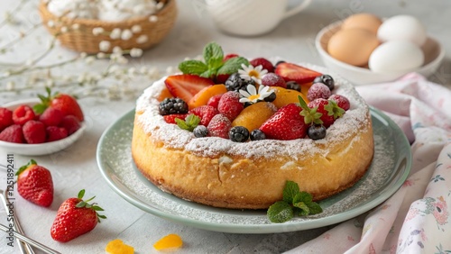 Wallpaper Mural Cottage cheese filled Easter cake adorned with fresh fruits and mint leaves on a table set for spring celebrations Torontodigital.ca