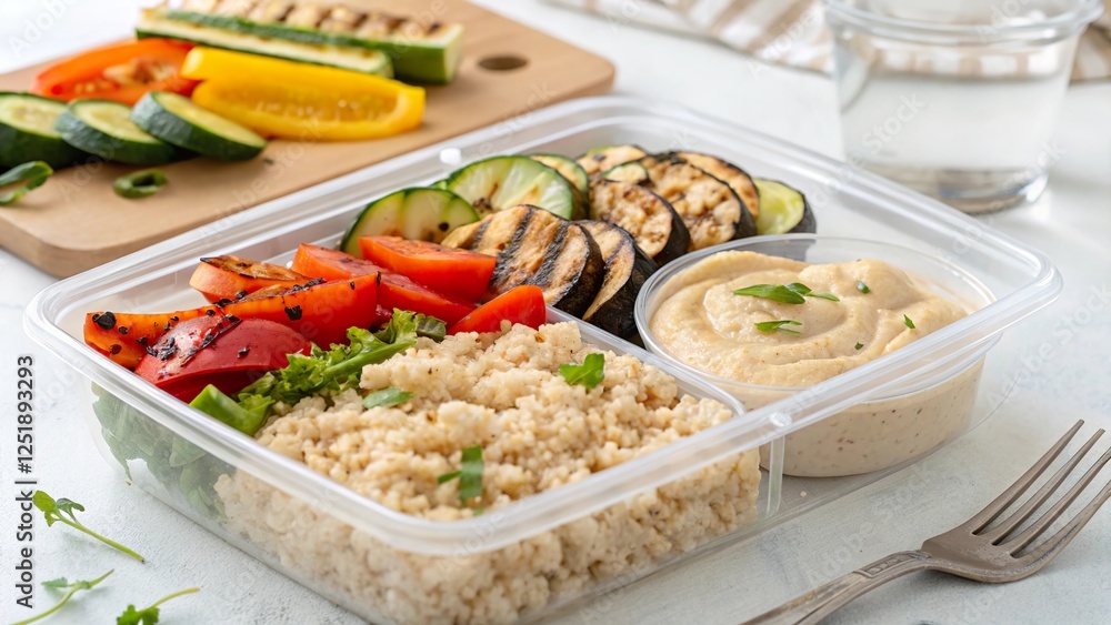 Healthy meal prep container filled with brown rice, fresh vegetables, and hummus for a nutritious diet Healthy meal prep container filled with brown rice, fresh vegetables, and hummus for a nutritious diet