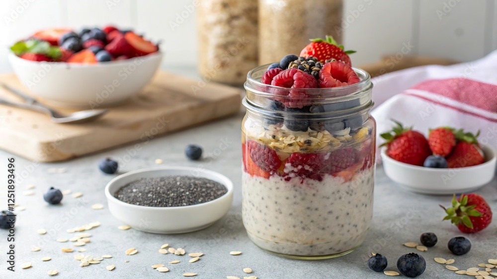 Homemade overnight oats in a mason jar topped with fresh berries and chia seeds for a nutritious breakfast Homemade overnight oats in a mason jar topped with fresh berries and chia seeds for a nutritious breakfast