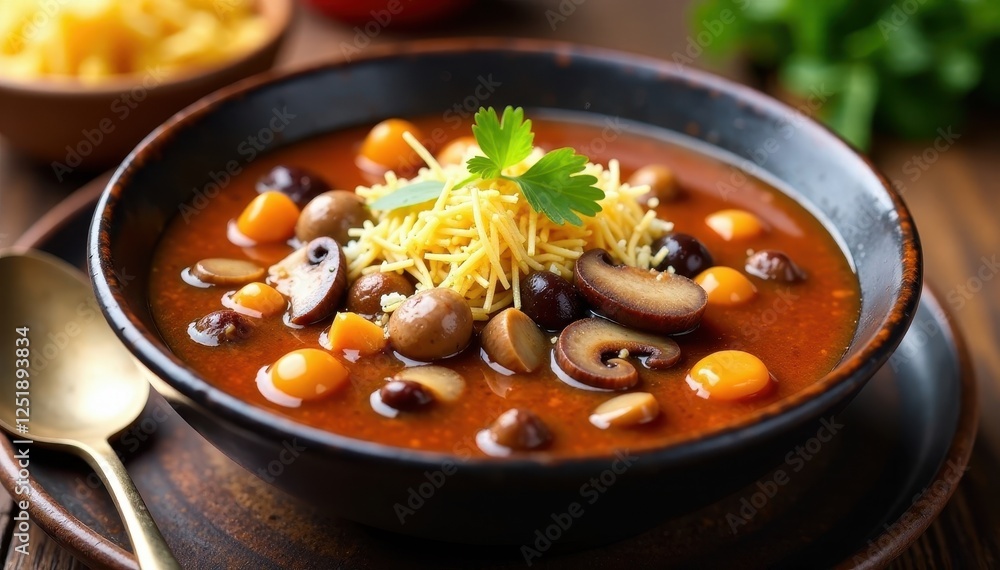 steaming hot red mushroom pozole with a sprinkle of queso fresco, sprinkles, cheese, plate steaming hot red mushroom pozole with a sprinkle of queso fresco, sprinkles, cheese, plate