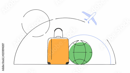A stylized illustration features a yellow suitcase and a green globe, suggesting themes of travel and exploration. A plane is depicted flying overhead, emphasizing movement and adventure.AI