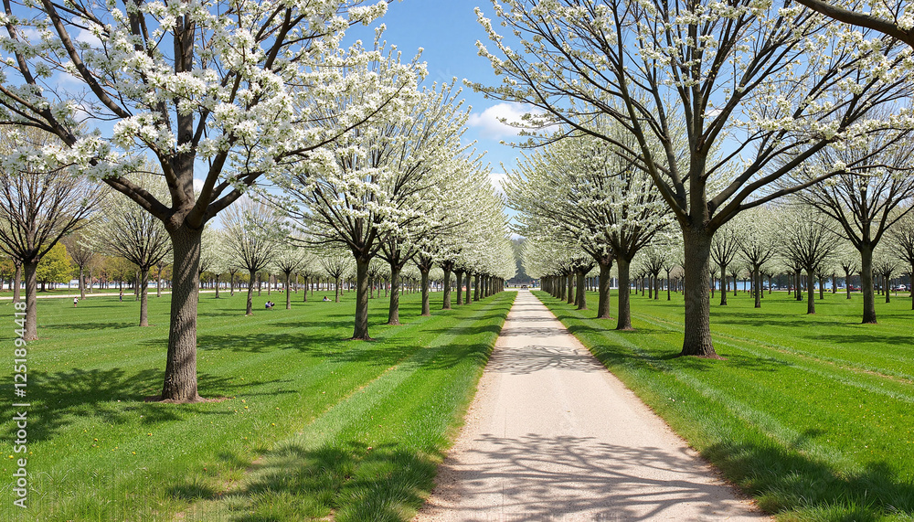 Blossoming trees lining a peaceful park pathway Blossoming trees lining a peaceful park pathway