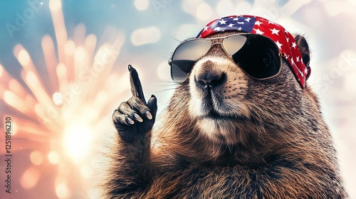 Funny Groundhog Saluting with Aviator Sunglasses and Patriotic Bandana Against a Fireworks Background