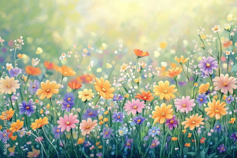 Colorful wildflowers bloom in a meadow under a sunny sky Colorful wildflowers bloom in a meadow under a sunny sky