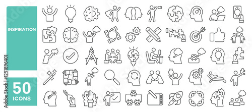 Set of 50 line icons related to inspiration, creativity, idea, innovation, vision, thinking, suggestion, brainstorm, share, puzzle, invention, Editable stroke. Vector illustration
