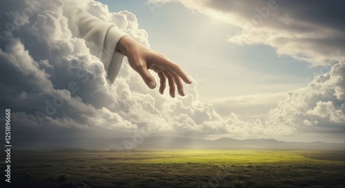 Divine Hand Reaching Out - A hand emerges from clouds, symbolizing hope, faith, divinity, salvation, and connection.  A peaceful landscape stretches below.