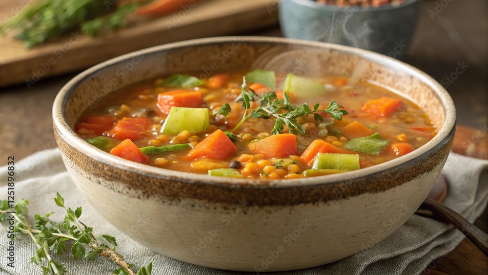 Vibrant lentil soup featuring fresh carrots, celery, and herbs simmered to perfection Vibrant lentil soup featuring fresh carrots, celery, and herbs simmered to perfection