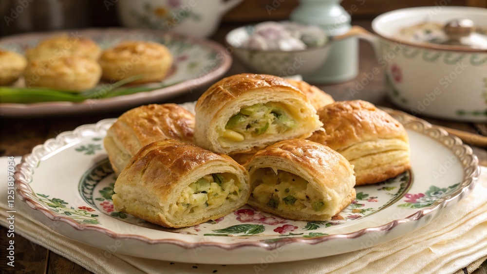 custom made wallpaper toronto digitalCheese and leek stuffed Easter pastries beautifully arranged on a vintage plate in a cozy kitchen setting