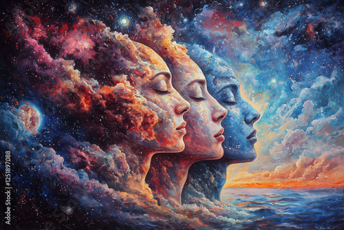 Abstract depiction of reincarnation with human figures blending into the cosmos