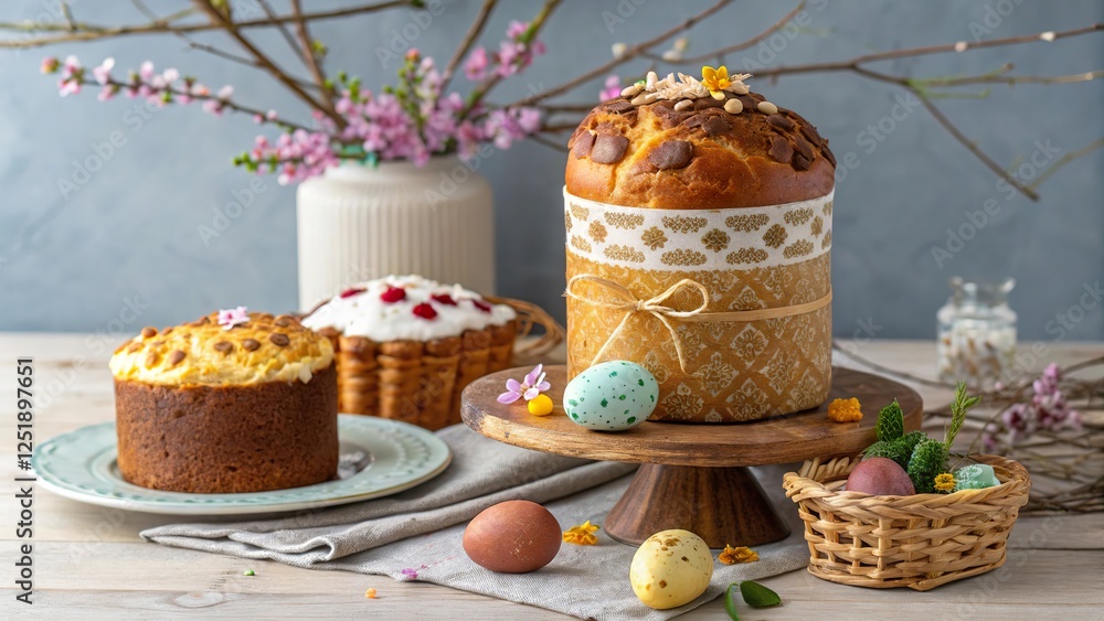 Naklejka premium Easter celebration featuring traditional paska and kulich with colorful eggs and floral decor on a rustic table