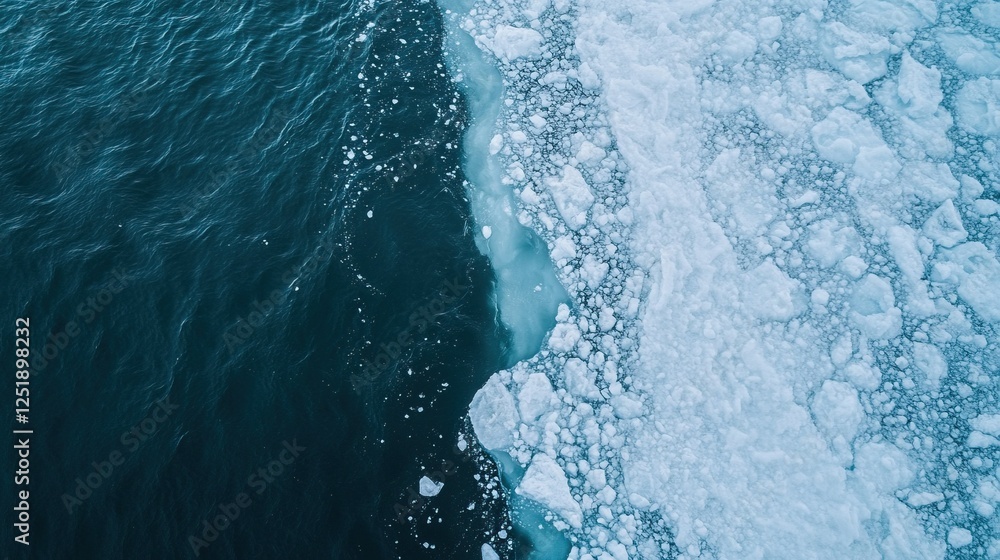 Fototapeta premium Aerial view of melting ice and calm ocean waters highlighting climate change impact and environmental conservation awareness. concept of ecology and environmental pollution