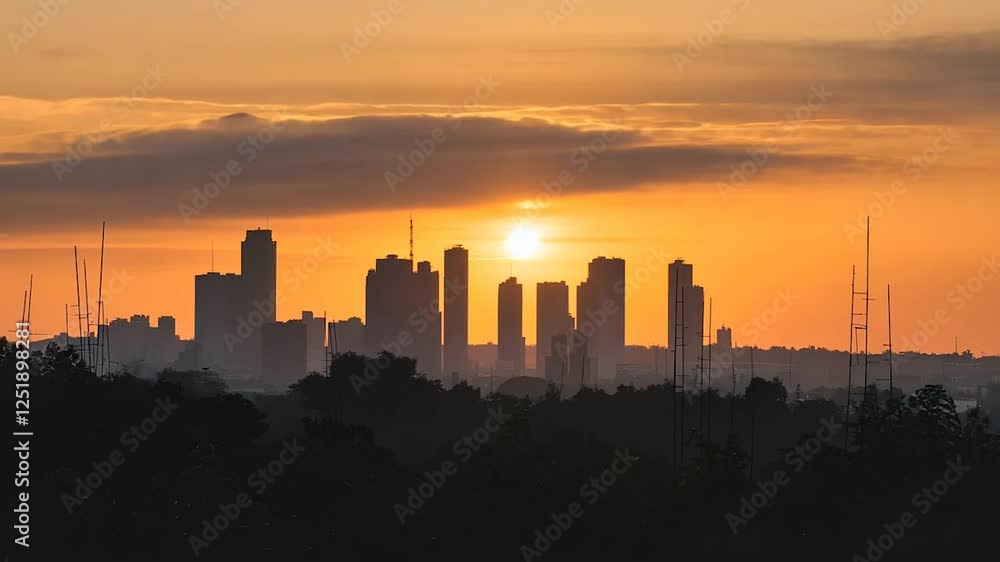 The sun sets behind towering skyscrapers, casting warm orange hues over a tranquil city skyline The sun sets behind towering skyscrapers, casting warm orange hues over a tranquil city skyline