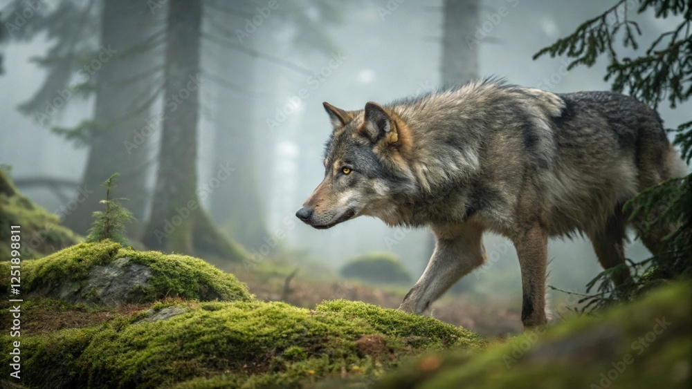 Fototapeta premium A breathtaking realistic photograph of a Timber Wolf stalking through the dense boreal forest AI Generative