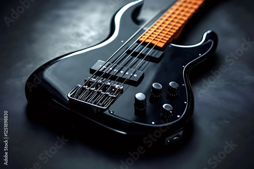 Close-up of a modern black electric bass guitar resting on a dark surface, showcasing its shiny body, orange fretboard, and metallic tuning knobs. Perfect for music and instrument themes photo