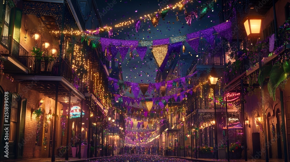 Naklejka premium Vibrant Mardi Gras Street with Colorful Banners, Beads, Confetti, and Glowing Street Lamps at Night