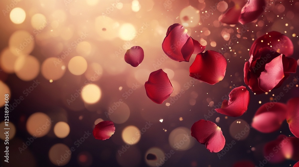 Obraz premium Romantic Valentine's Day Scene with Sparkling Bokeh Lights and Floating Rose Petals in Dreamy Red and Pink Hues
