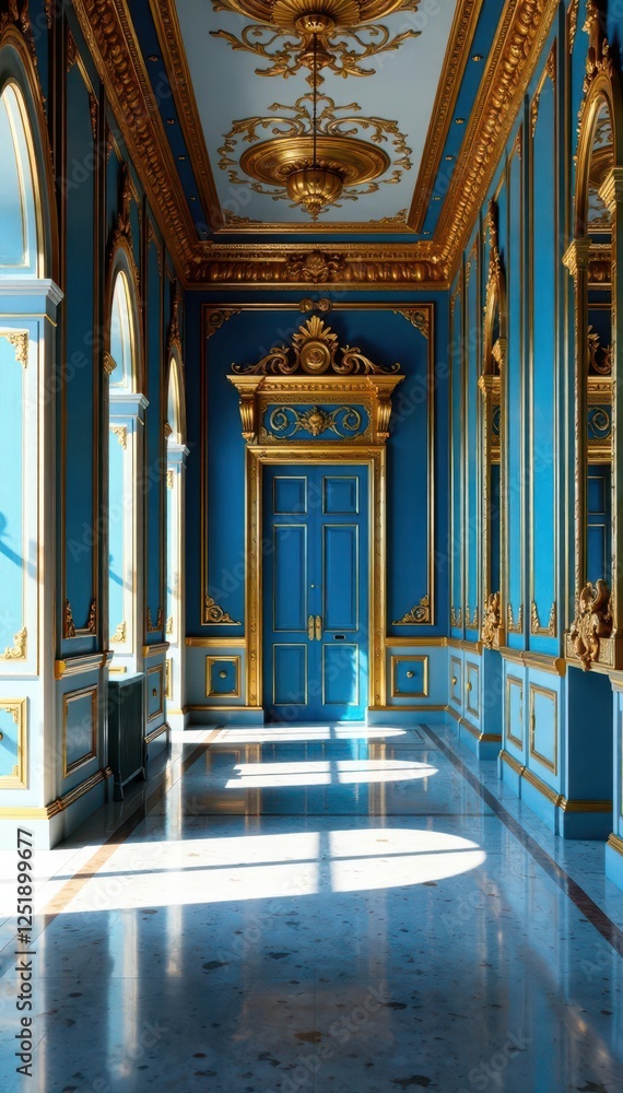 Fototapeta premium Gilded mirrors in a grand blue and gold foyer, blue, mirror