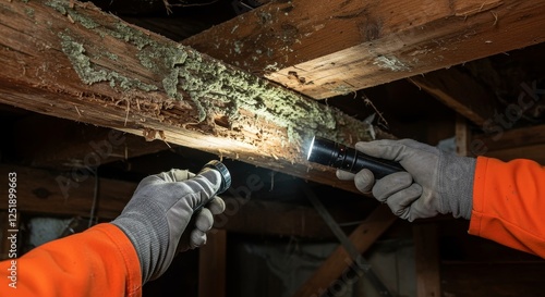 Inspecting Damaged Wooden Beam - A close-up image showcasing a damaged wooden beam, possibly due to wood rot or termite infestation, being inspected using a flashlight. Symbolizes: decay, damage