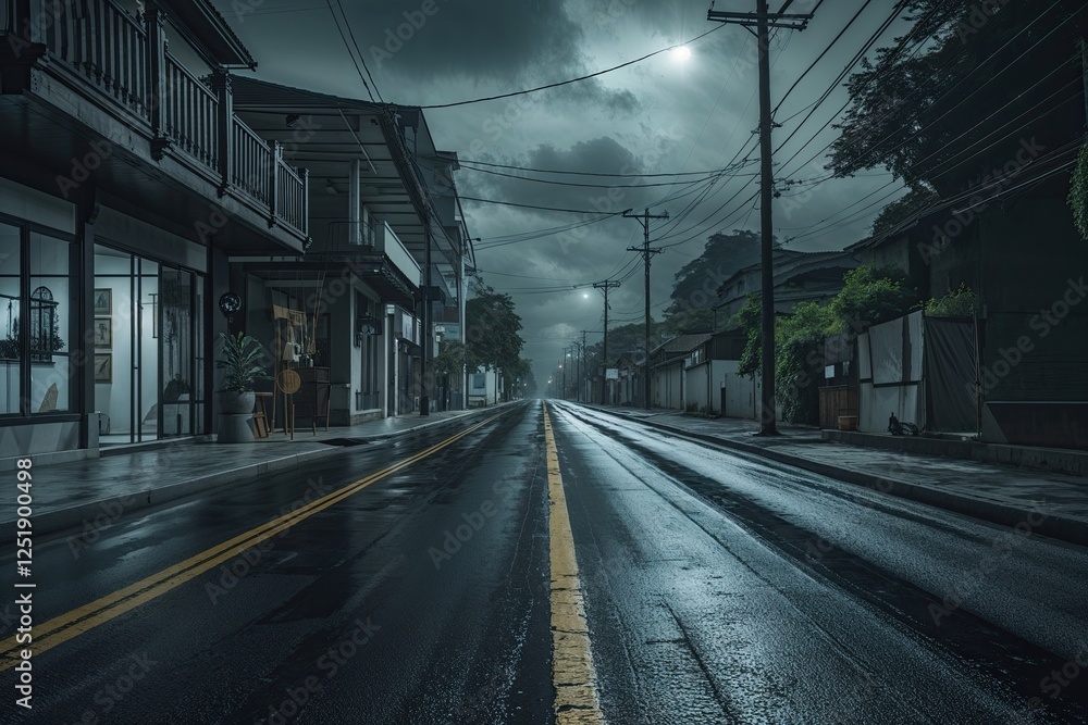 Obraz premium Enigmatic Black Tar Road Scenic View Featuring Artistic Studio Decor in a Solitary Street Setting