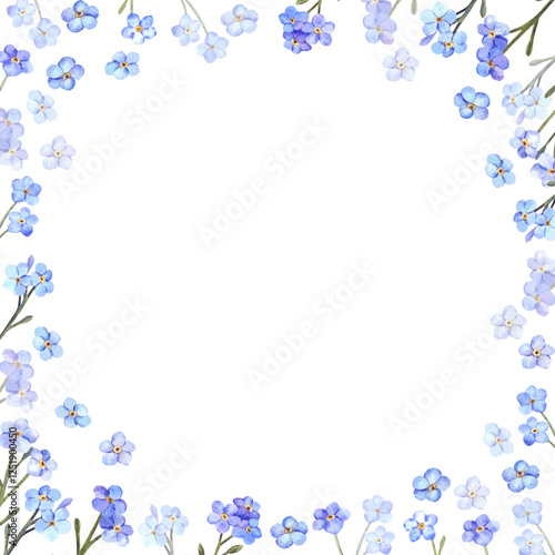 A frame with blue forget-me-nots flowers. Hand drawn watercolor illustration.