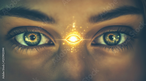 A psychicâs intense gaze, a glowing third eye opening in the center of her forehead photo