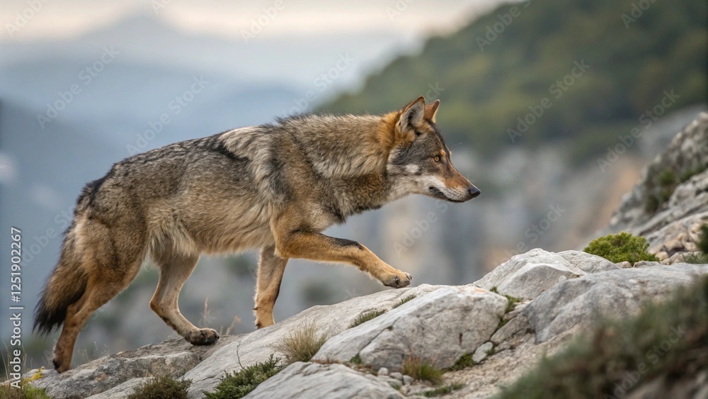 An extraordinary realistic photograph of an Iberian Wolf prowling through the rugged mountains AI Generative An extraordinary realistic photograph of an Iberian Wolf prowling through the rugged mountains AI Generative