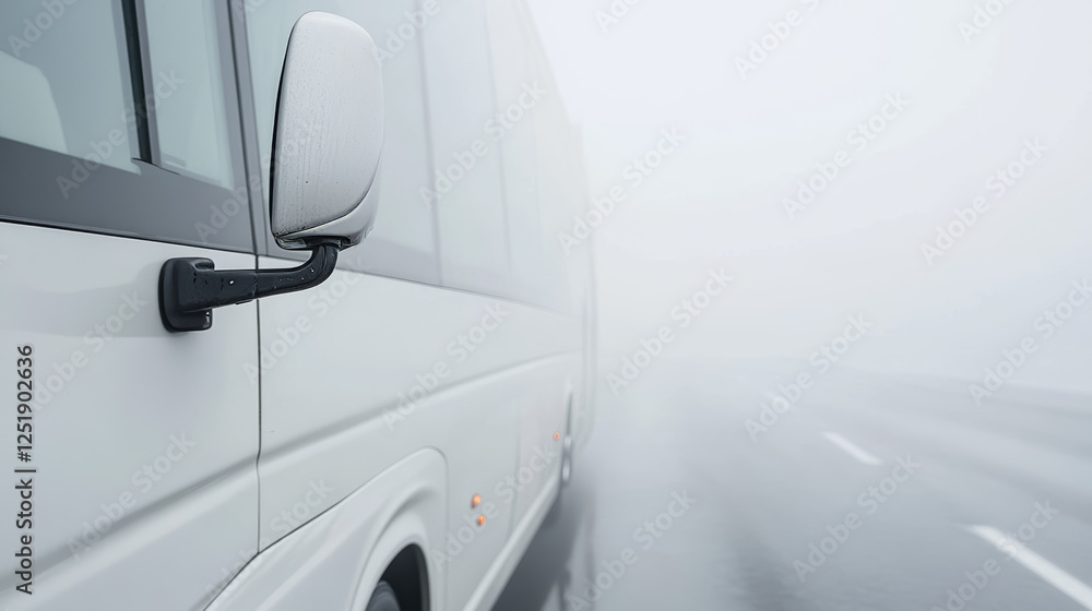 Fototapeta premium A white bus moves slowly along a deserted road shrouded in thick fog. The surrounding visibility is low, creating an eerie atmosphere typical of early morning travel conditions