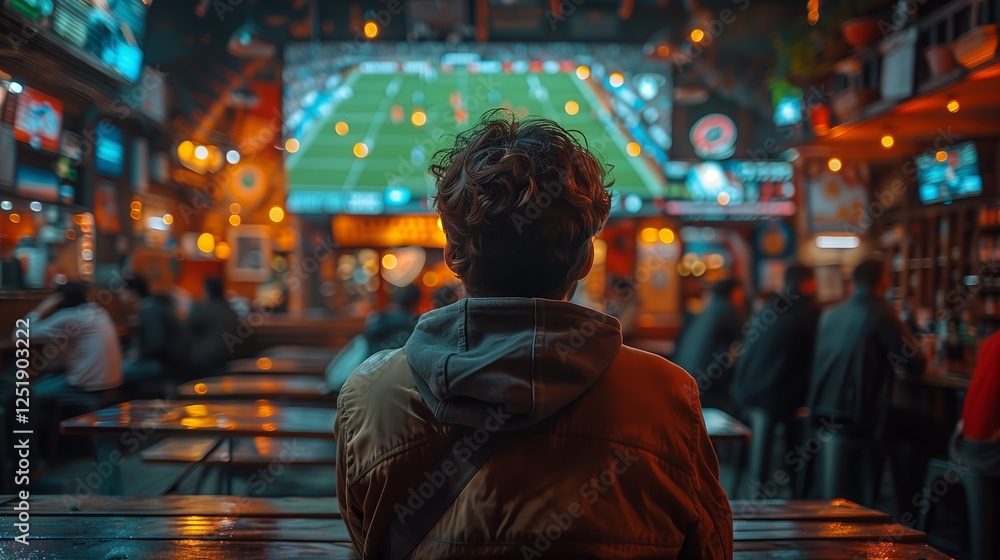 man in his late thirties is in the back watching the Super Bowl on TV with friends at a bar, surrounded by people and in front of him a large screen showing a football game in a cinematic style man in his late thirties is in the back watching the Super Bowl on TV with friends at a bar, surrounded by people and in front of him a large screen showing a football game in a cinematic style