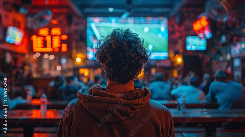 man in his late thirties is in the back watching the Super Bowl on TV with friends at a bar, surrounded by people and in front of him a large screen showing a football game in a cinematic style man in his late thirties is in the back watching the Super Bowl on TV with friends at a bar, surrounded by people and in front of him a large screen showing a football game in a cinematic style